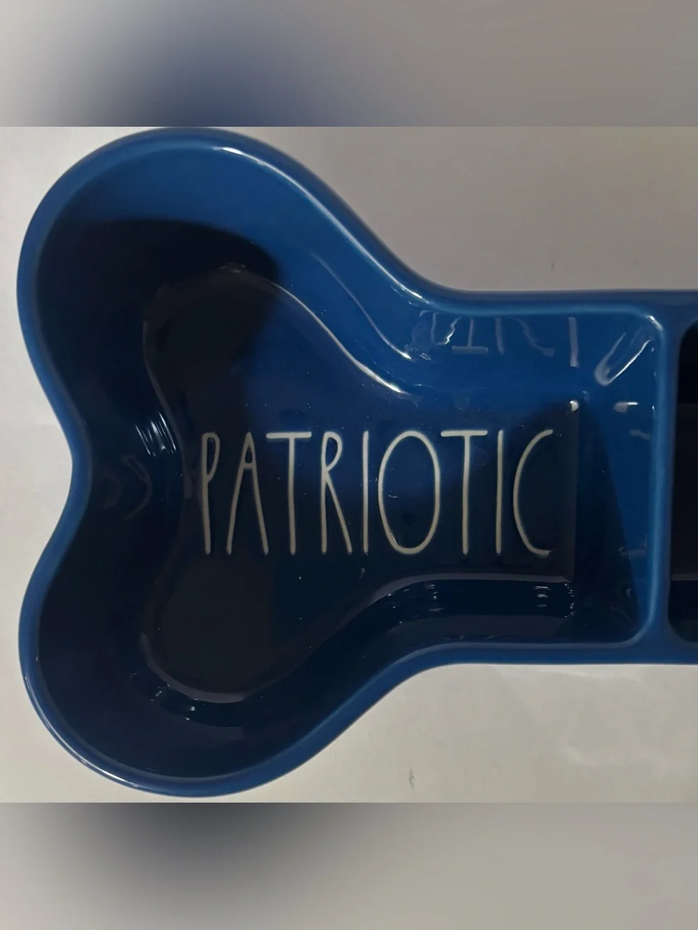Rae Dunn patriotic pooch dog bowl bone shape ceramic blue white